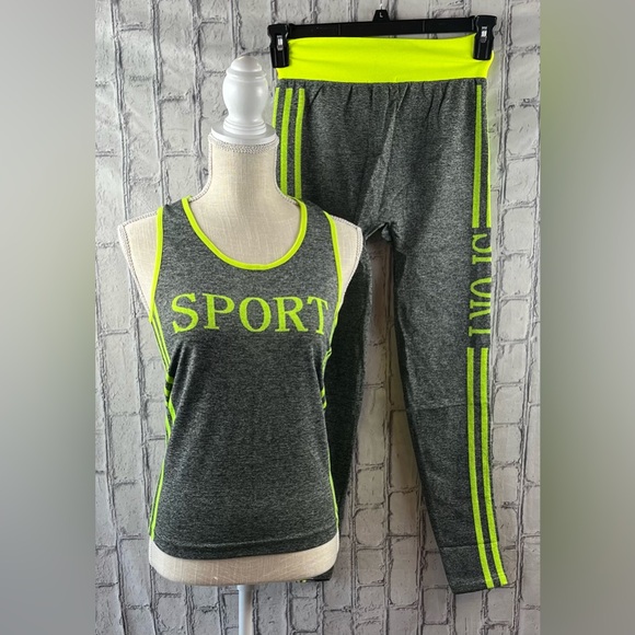 F&F Pants - F&F Size: One Size Sport Workout Set Sleeveless Top/Leggings Gray/Neon